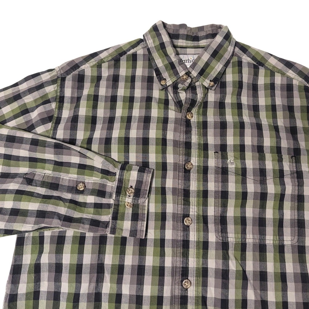 Carhartt Mens Size Medium Green Plaid Long Sleeve Button Down Shirt Christmas‎